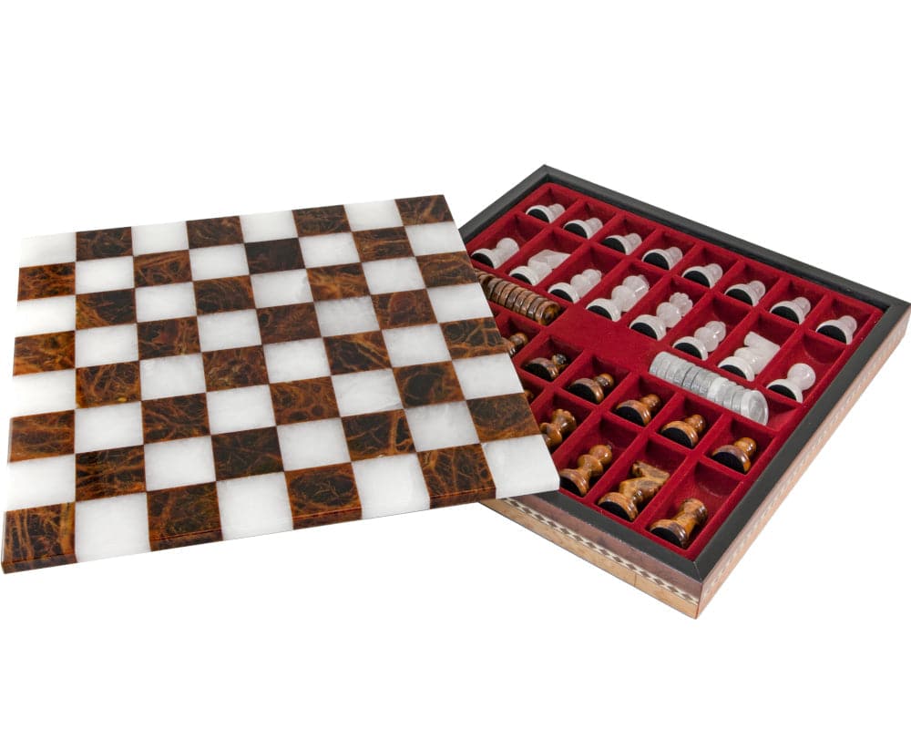 Brown and white alabaster chess and draughts set with inlaid chest and wooden cabinet, featuring handmade pieces by Scali Alabastro of Italy.