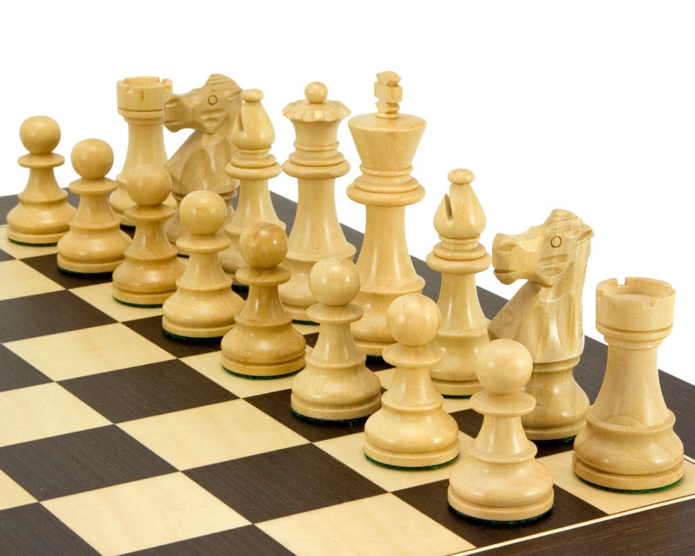 French Knight Rosewood Chess Set with Staunton design arranged on wenge board showing white pieces.