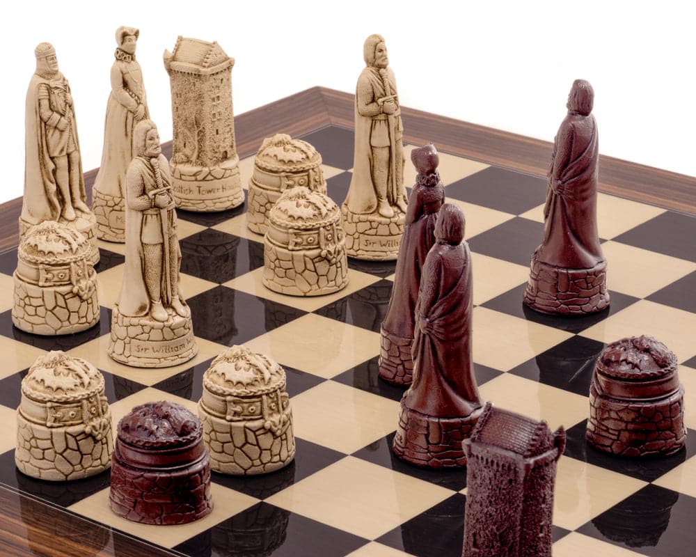 UK-made Berkeley Chess Scottish Russet Chess Men on a chessboard, intricately sculpted from crushed stone resin with russet and cream finish.