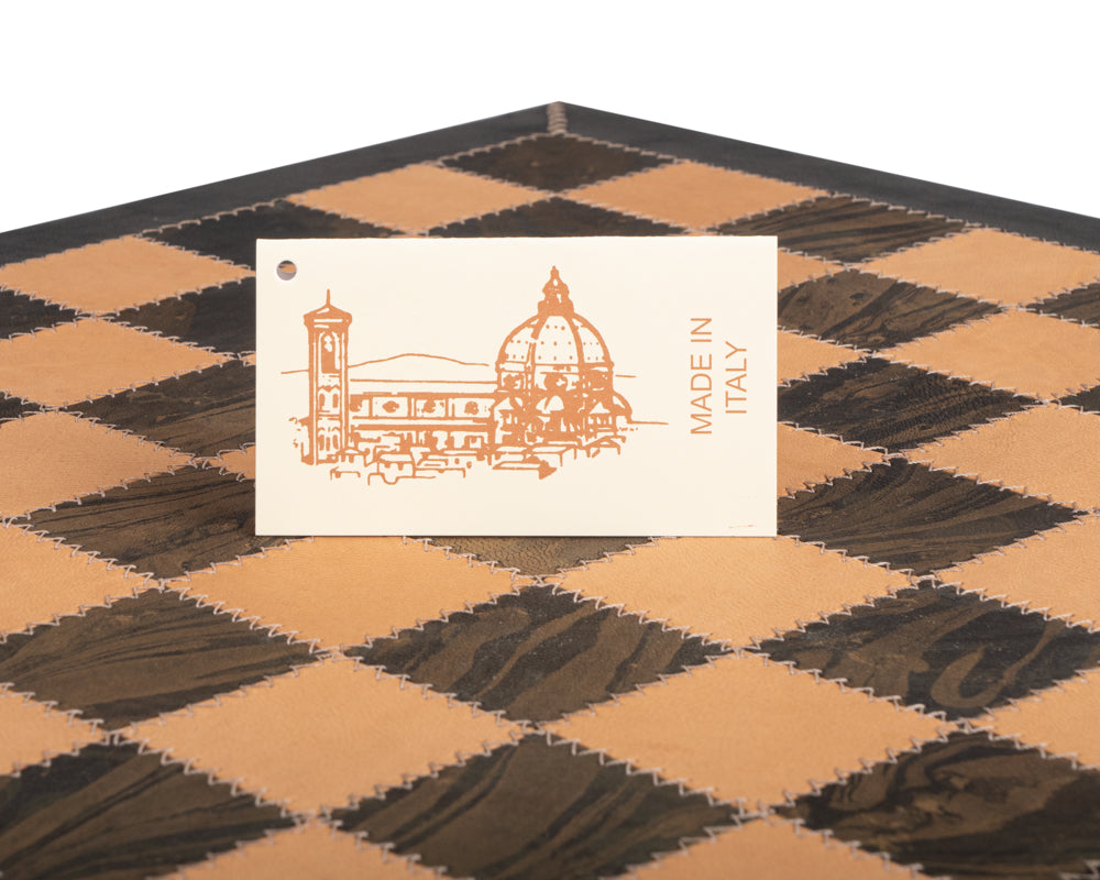 Close-up of Saluzzo leather luxury chess board handmade in Italy by Italfama with a 'Made in Italy' tag.