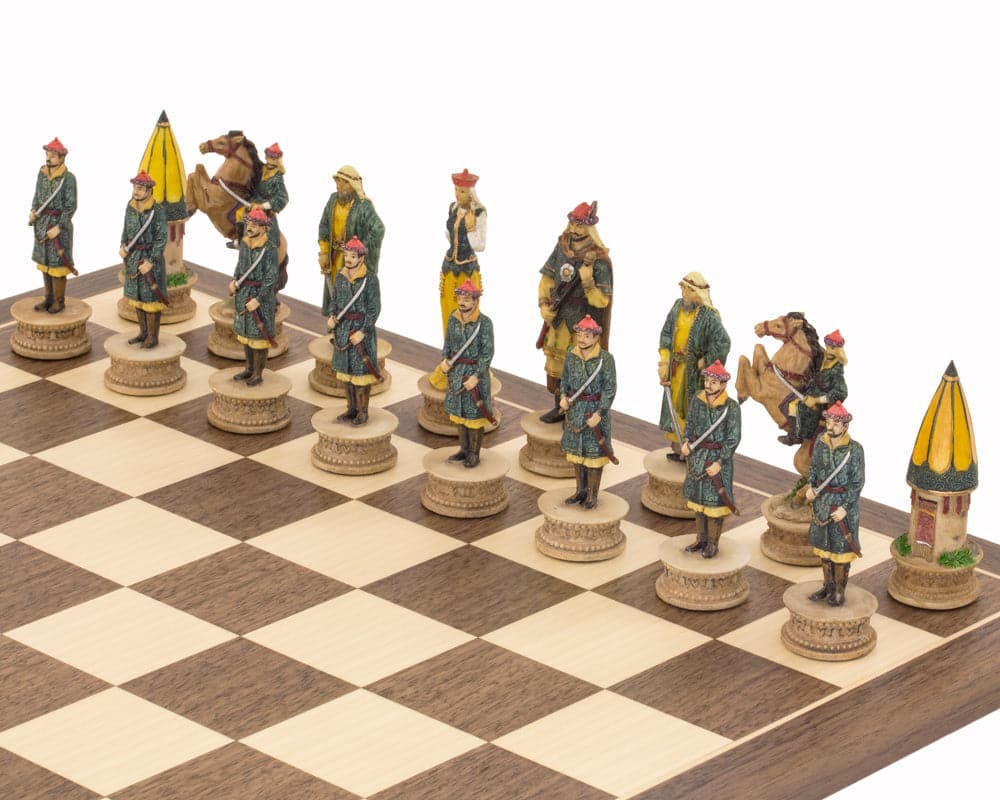 Hungarians vs Turkish themed hand painted chess pieces by Italfama on chessboard