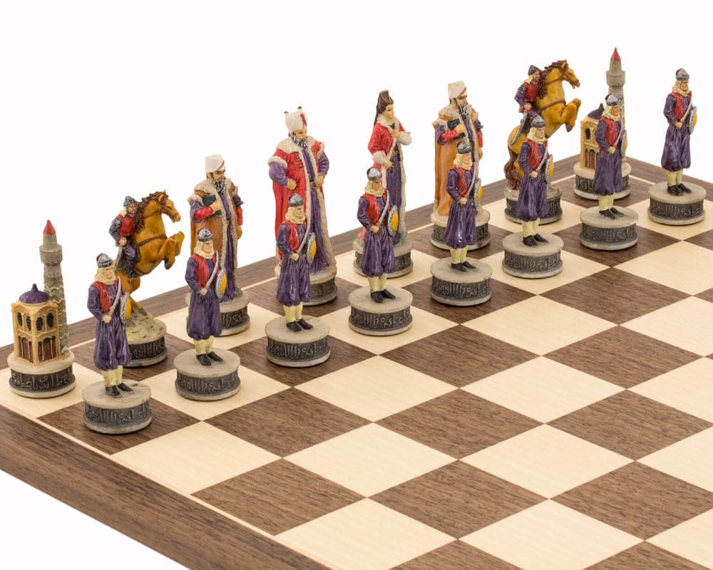Hand painted Hungarians vs Turkish themed chess pieces on a chessboard by Italfama, detailed and colorful figurines