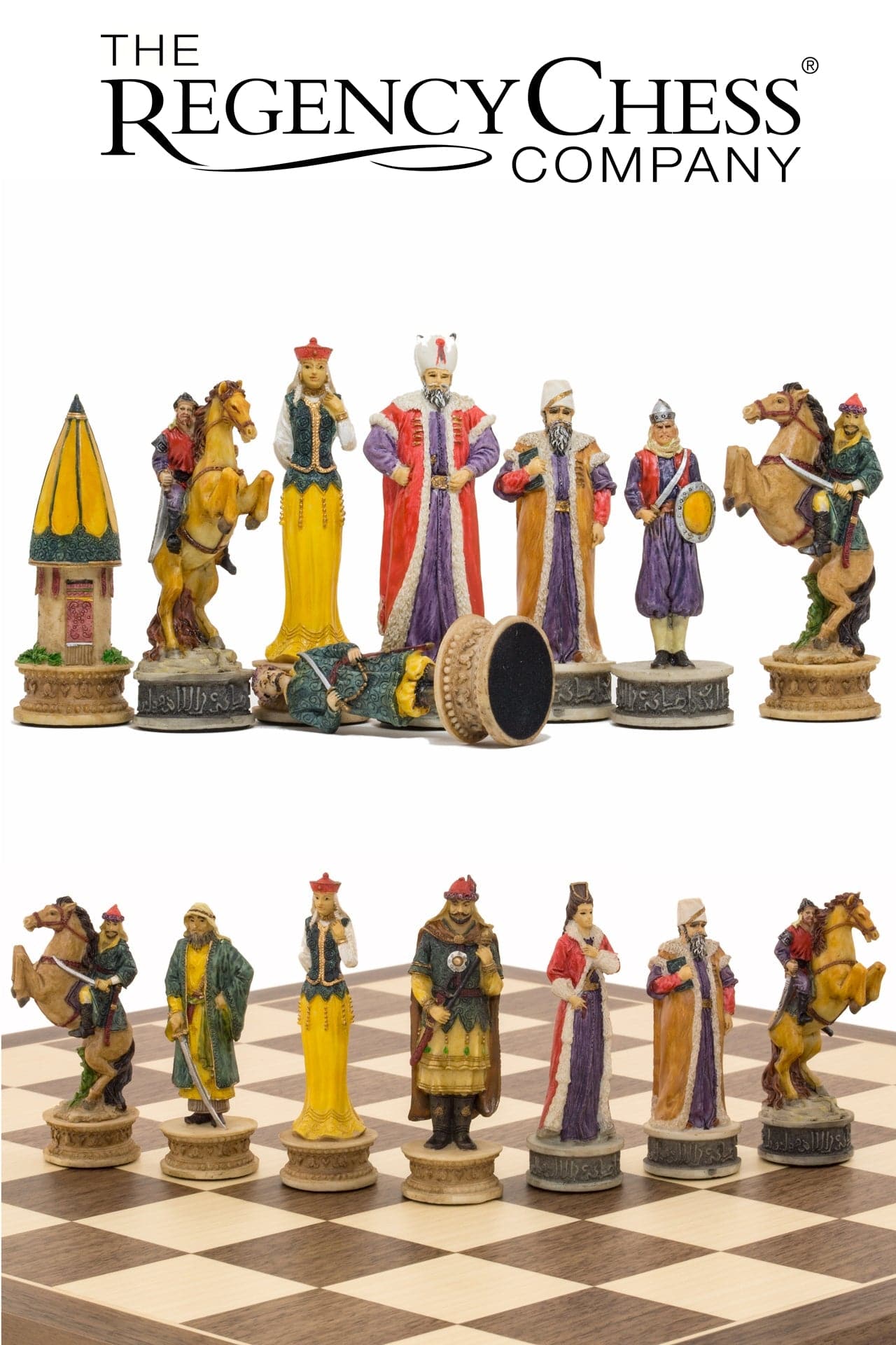 Hungarians vs Turkish hand-painted themed chess pieces by Italfama on chessboard from The Regency Chess Company