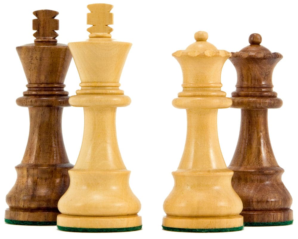 Down Head Knight Sheesham Staunton Chess Pieces in boxwood and golden rosewood with 3.25-inch king, ideal for 15 or 16-inch boards