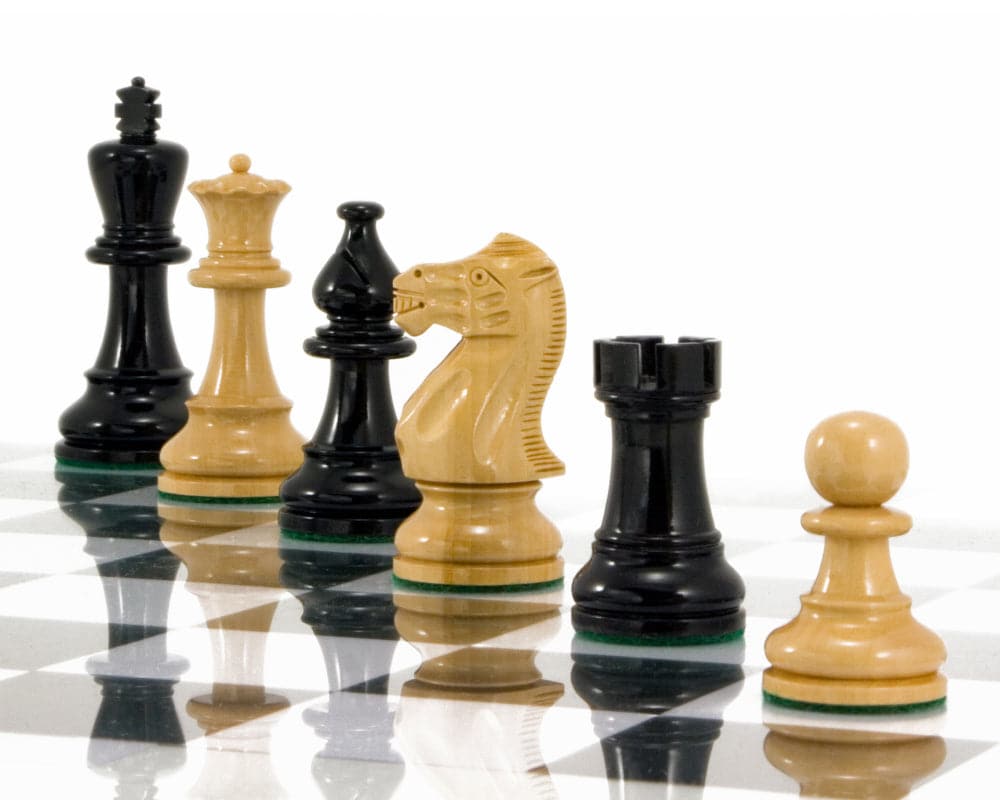 Atlantic Series Staunton black and natural lacquered chess pieces on chessboard, high grade boxwood, 3.75 inch king, modern design.