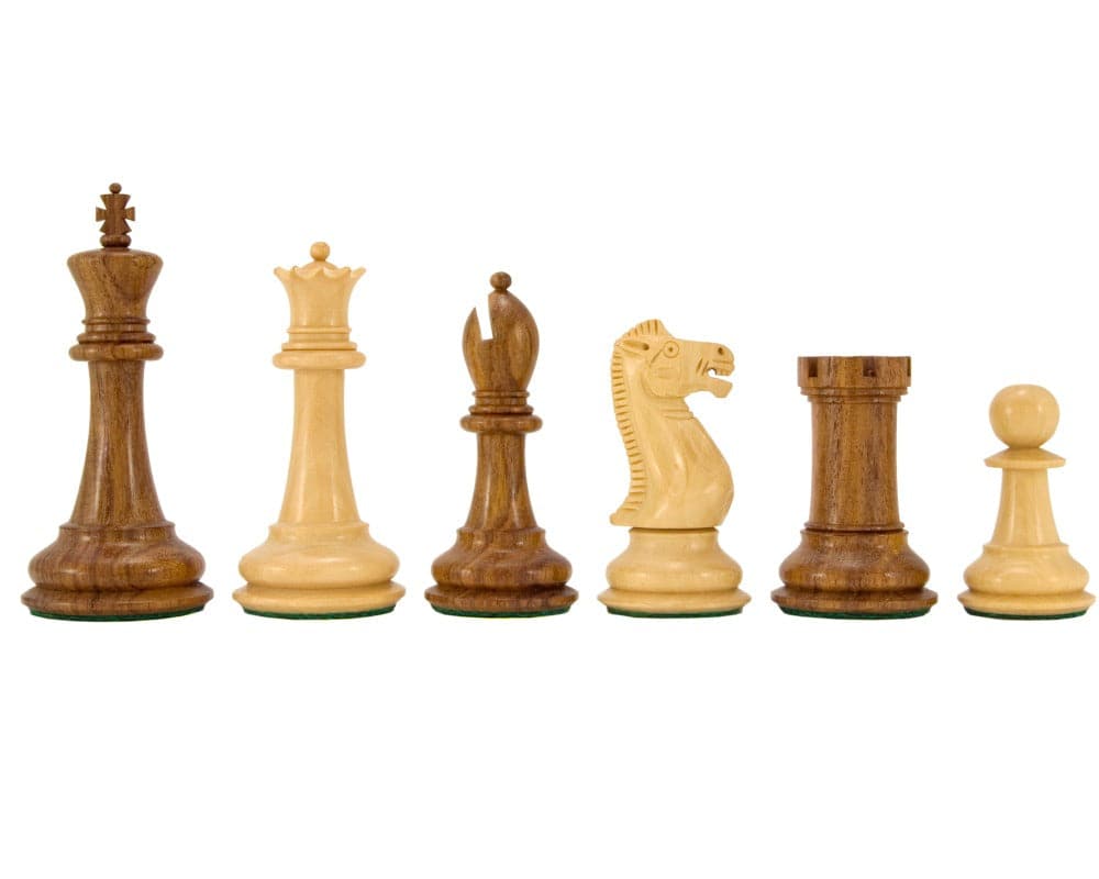 Victoria Series Sheesham and Boxwood Chessmen, hand-turned with superb detailing, naturally polished, weighted, 3.75-inch pieces on green flocked bases.