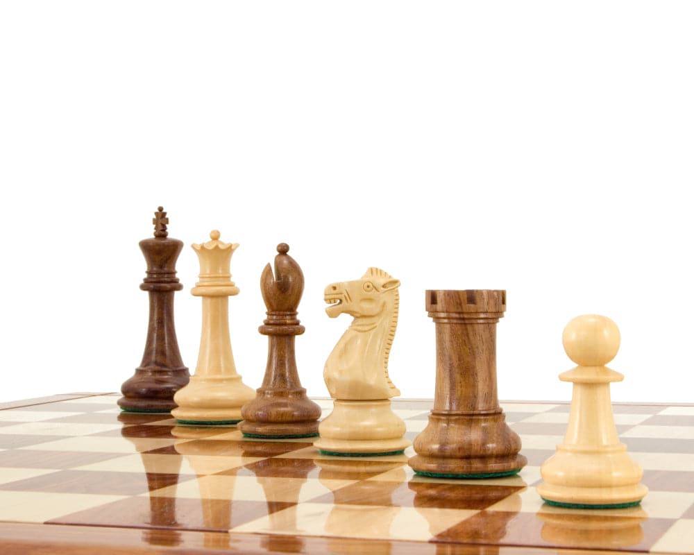 Victoria Series Sheesham and Boxwood Chessmen on a Sheesham playing board