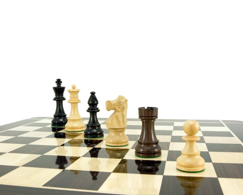Luxurious French Knight Series Rosewood Staunton Chess Pieces on 18-inch chessboard featuring 3.25-inch weighted and felted chessmen