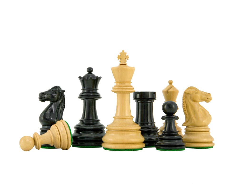 Handcrafted Cheltenham Series ebony and boxwood chess pieces with 3.75-inch king and felted bases.