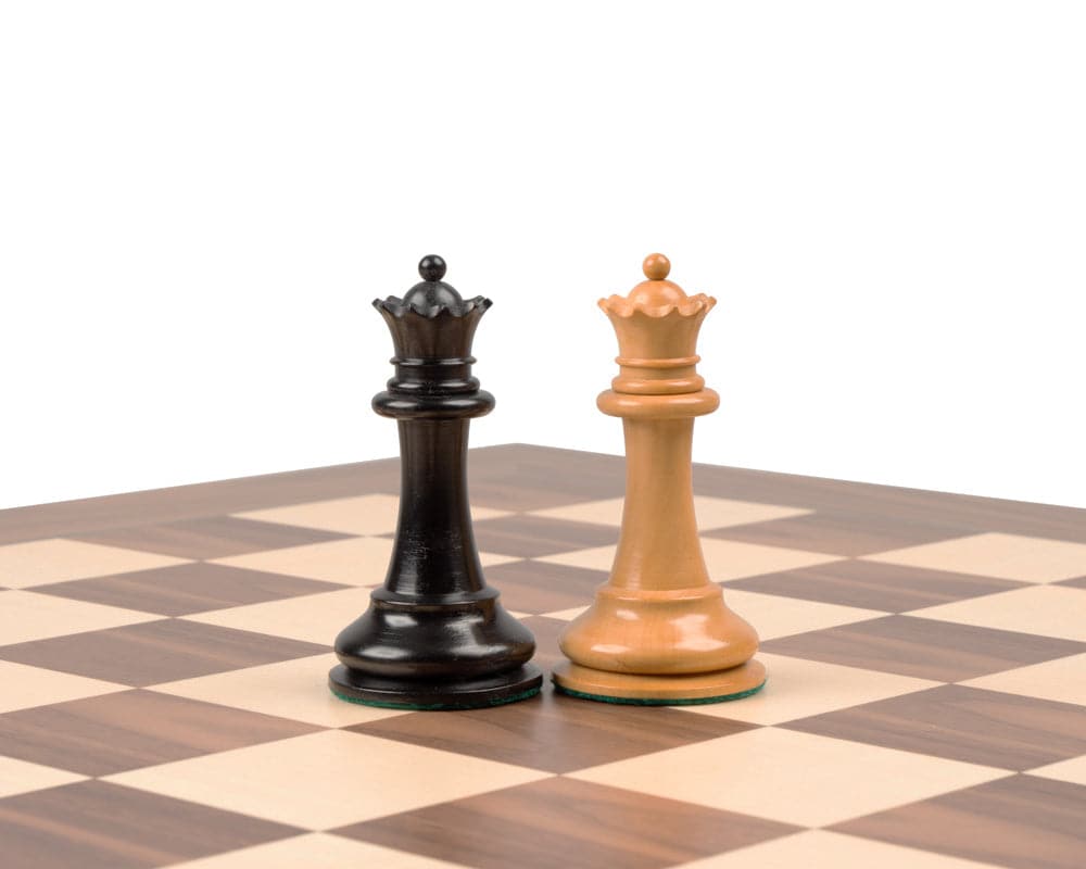 Reproduction Staunton Ebony Chessmen on 17 Inch Walnut and Maple Chess Cabinet