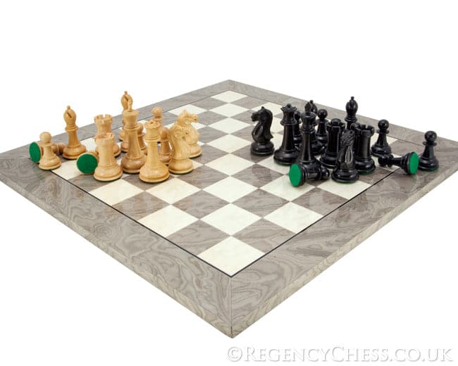Oxford Ash Burl Chess Set with handcrafted Staunton design chessmen on grey ash burl board.