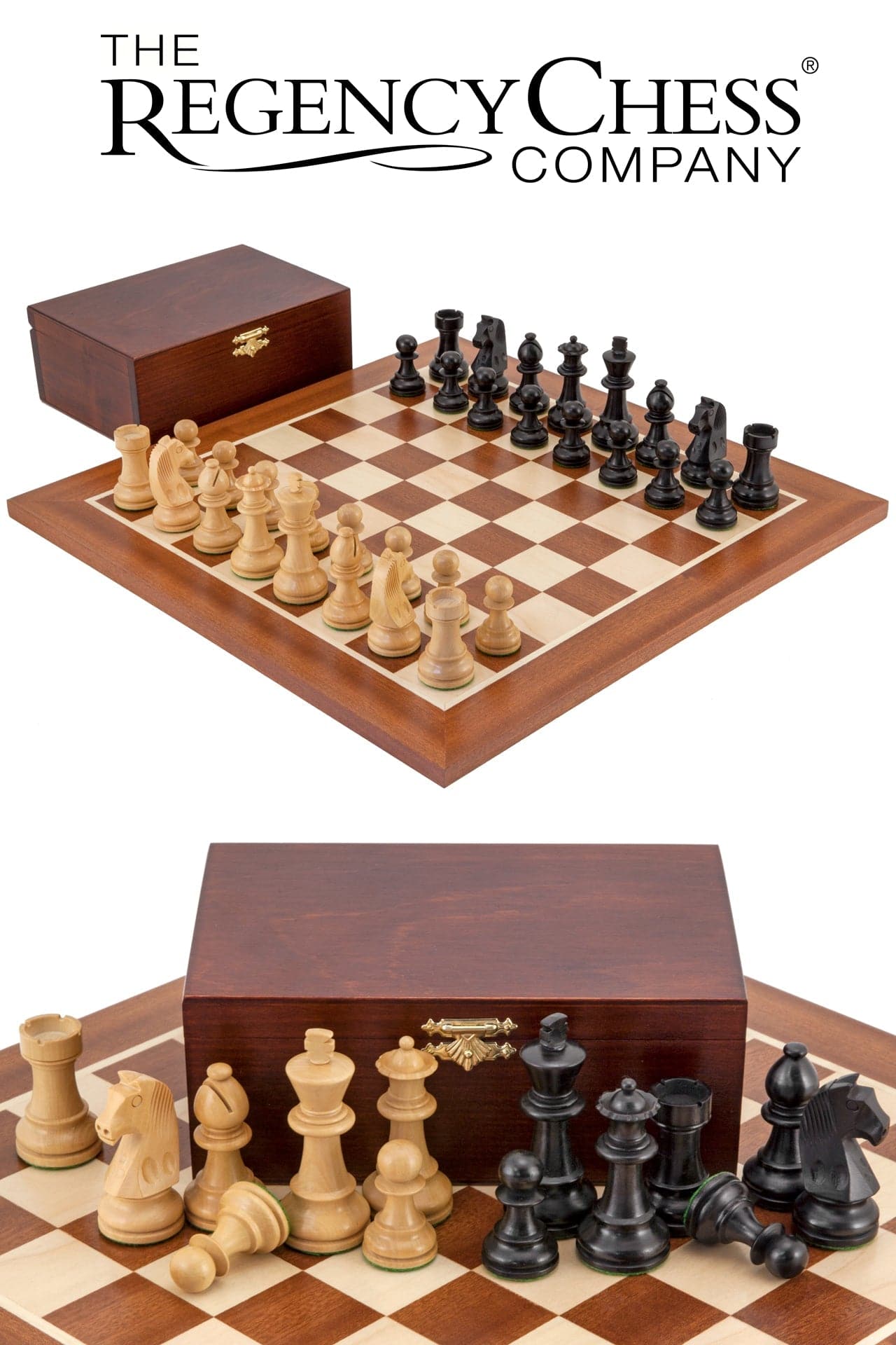 Down Head Black Championship Chess Set with boxwood and ebonised chess pieces on mahogany and maple European chess board.