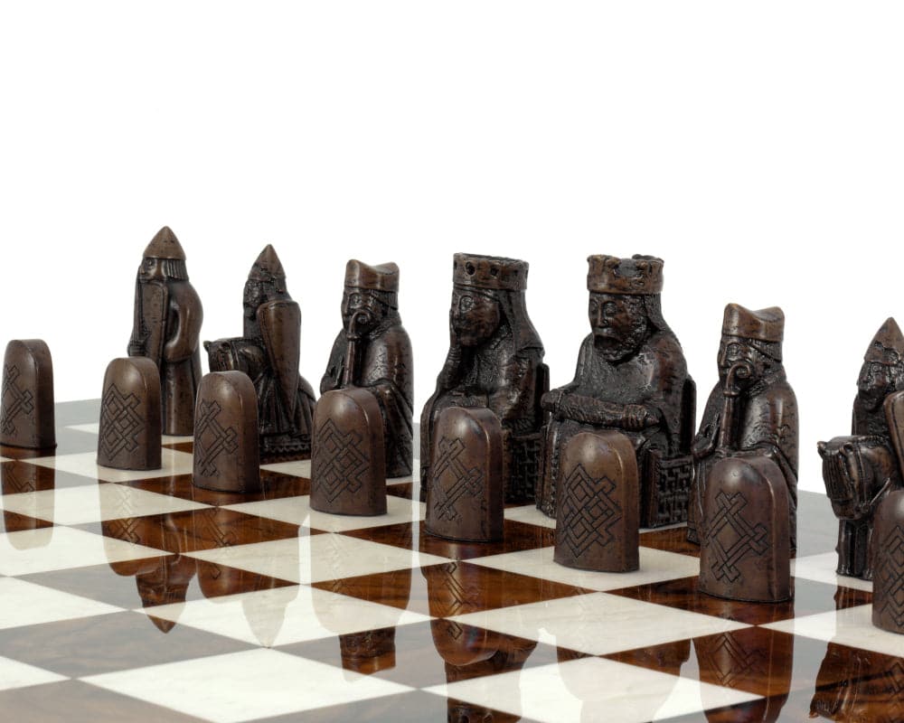 Isle of Lewis chessmen on Italian Briarwood chess board from The Regency Chess Company