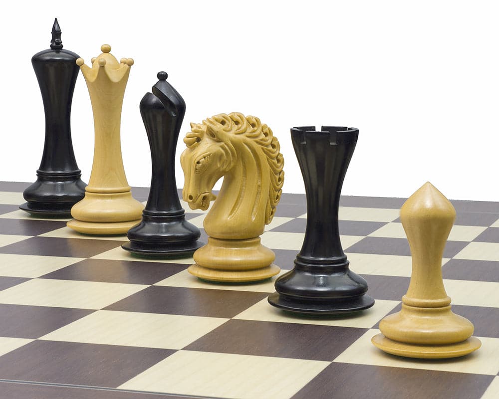 The Empire Knight Ebony Palisander Chess Set featuring a 21.7 inch board and ornate Staunton-style pieces, including 4.5 inch King and additional Queens