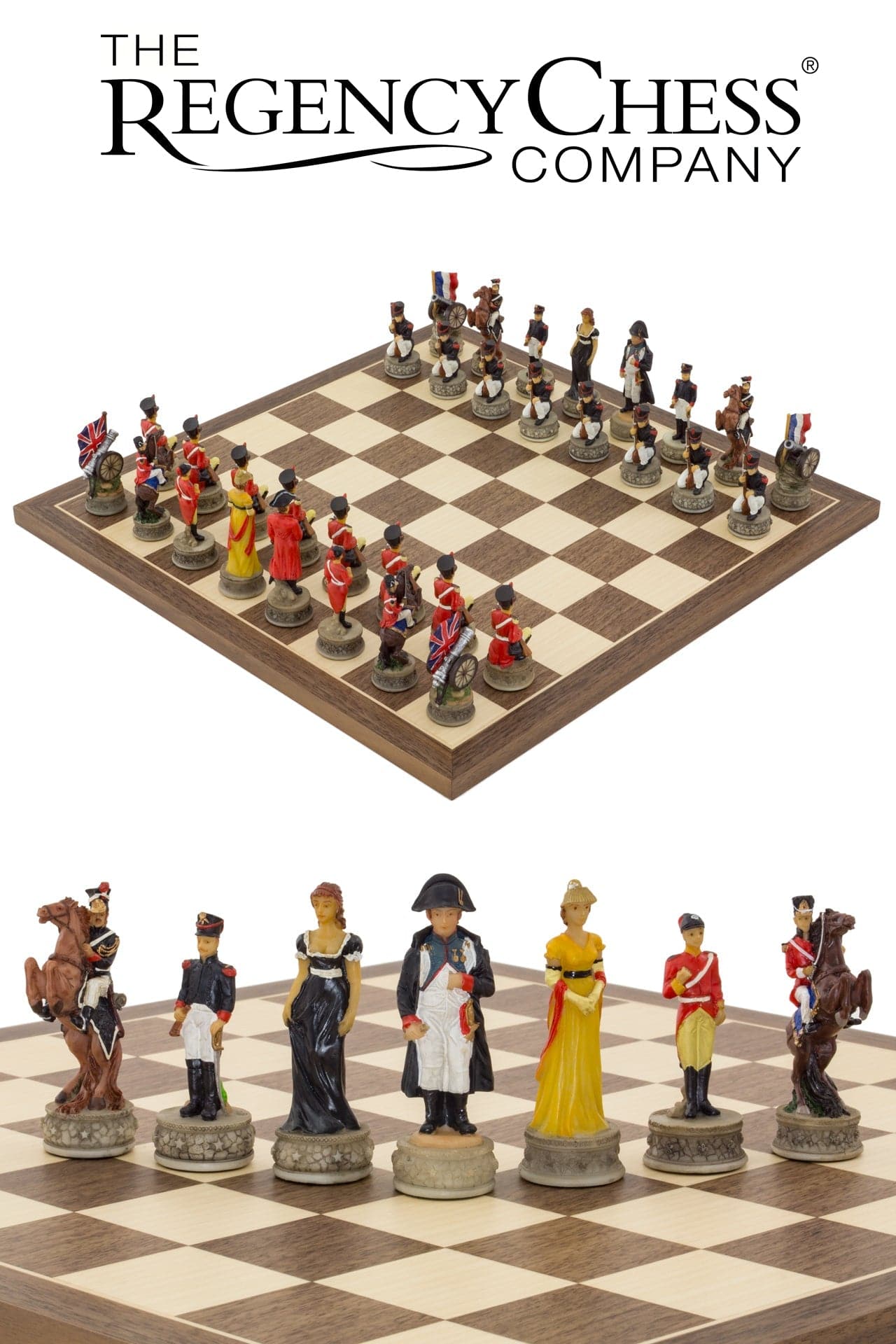 Battle of Waterloo hand painted themed chess set by Italfama with Bonaparte and Wellington pieces on a beautiful Spanish board