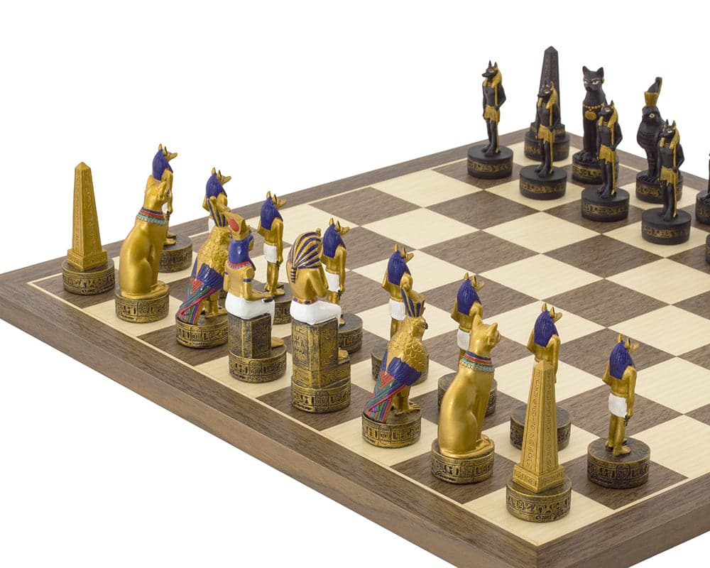 Hand-painted Ancient Egypt themed chess set on walnut and maple board by Italfama, featuring ornately decorated gold and black pieces.