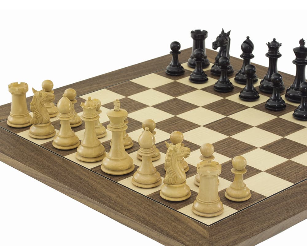 Luxury Columbus ebony and walnut chess set on 21.7-inch walnut and maple board, featuring a 4-inch King and Staunton design pieces.