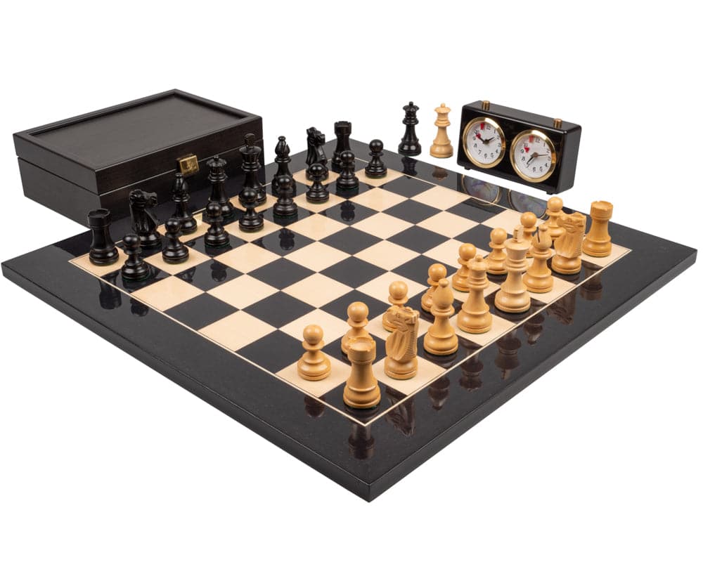 The French Knight Luxury Black Chess Set with board, pieces, storage box, and clock