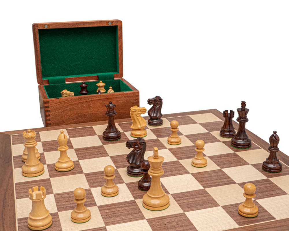Rosewood and Walnut Deluxe Staunton Chess Set with 3.75 inch king, felted pieces, Spanish board, wooden case, and analog clock.