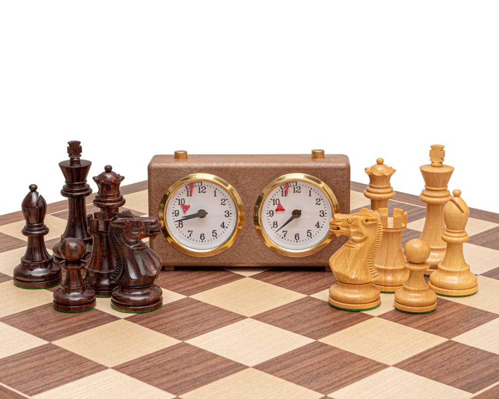 Rosewood and Walnut Deluxe Staunton Chess Set with analog clock on a 21.7 inch Spanish board featuring weighted and felted pieces
