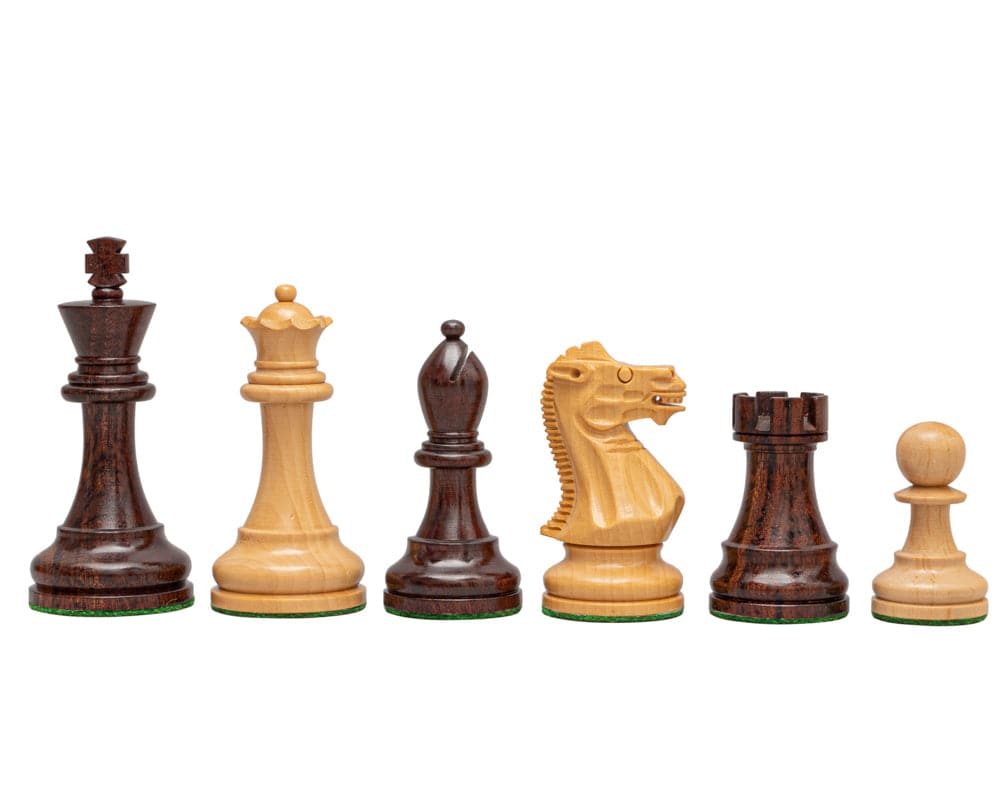 Hand crafted rosewood and walnut Staunton chess pieces with felted bases, including king, queen, bishop, knight, rook, and pawn.