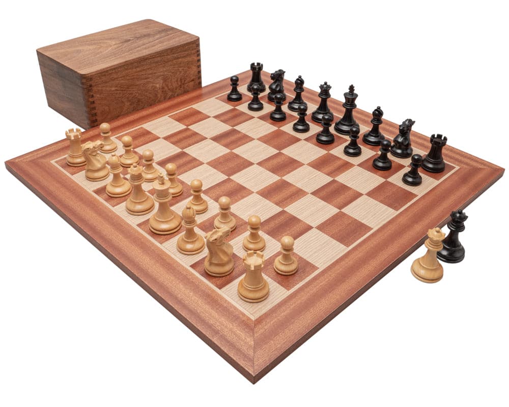 Tournament chess set with Staunton design chessmen, mahogany and birch board, and solid wood chess piece case