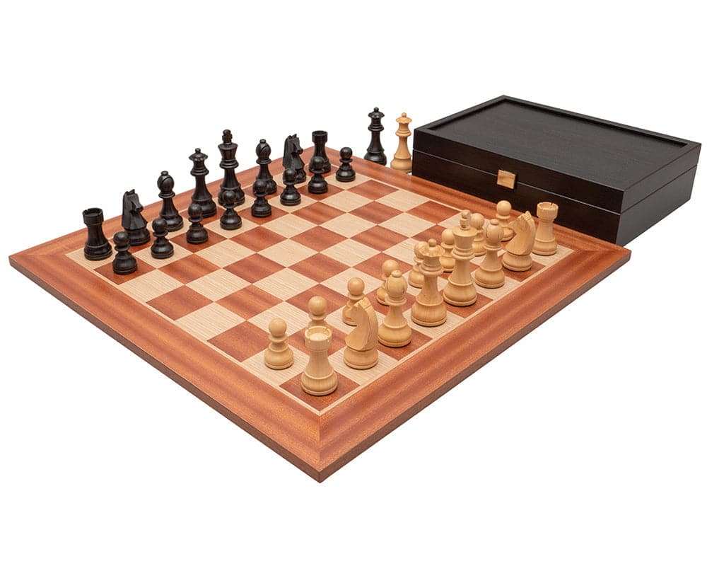 The Down Head Knight Tournament Edition Chess Set with 3.75 inch king, Greek-crafted mahogany and birch board, and robust Staunton chessmen.