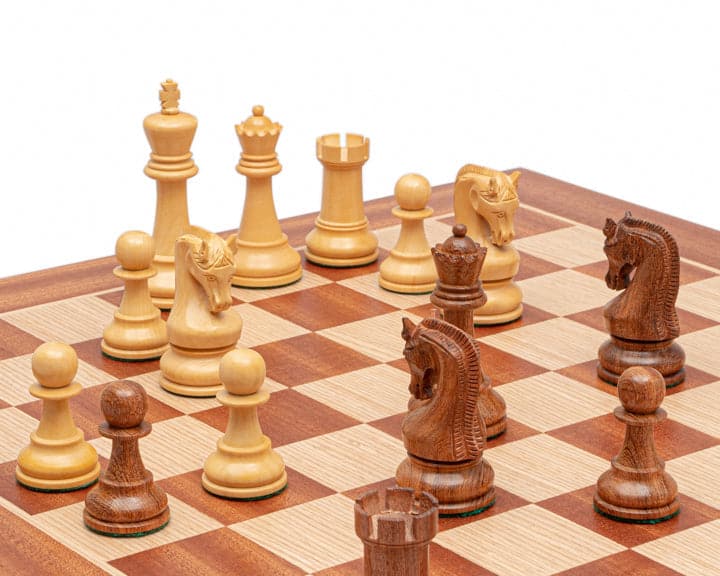 The Leningrad Acacia and Mahogany Chess Set with Classic Staunton Design on a 23 inch Board