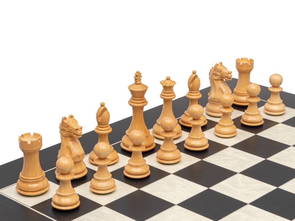 The Fierce Knight Black and Maple Chess Set with large, quality ebonised boxwood pieces and a deluxe 21.7 inch board from Spain featuring 2.17 inch squares