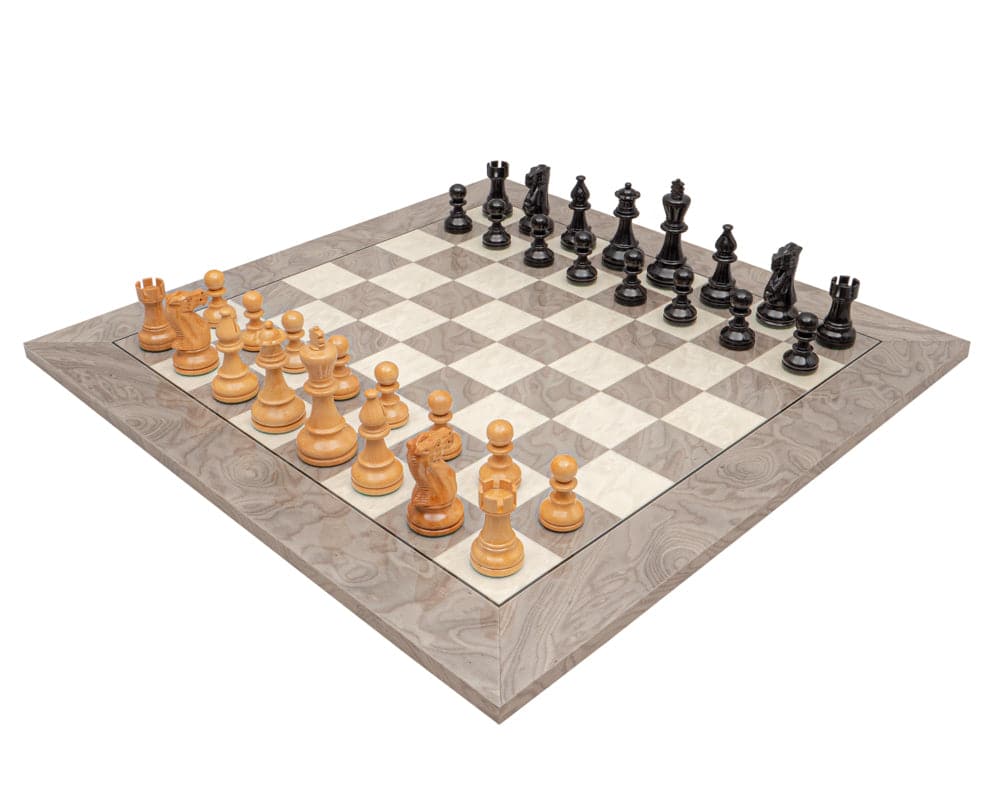 The Atlantic Black and Ash Burl Chess Set on polished Spanish board with boxwood pieces, 3.75-inch king, 21.7-inch board, 2.17-inch squares.