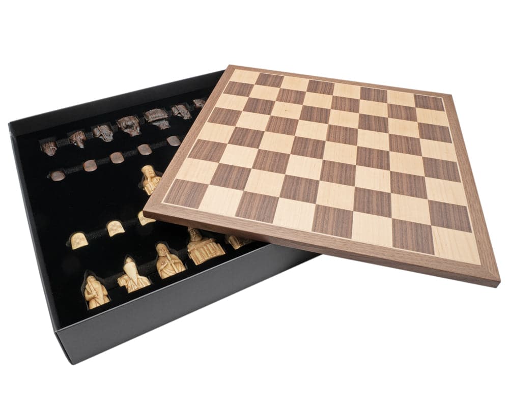 Isle of Lewis Chessmen and Board Presentation Set with beautifully crafted pieces and detailed wood chessboard.