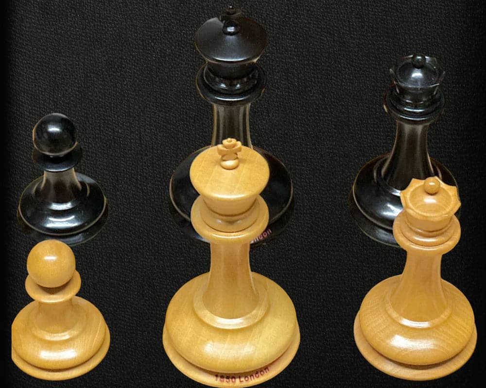 Close-up of Ebony and Mahogany chess pieces from the 1850 London Limited Edition Deluxe Chess set.
