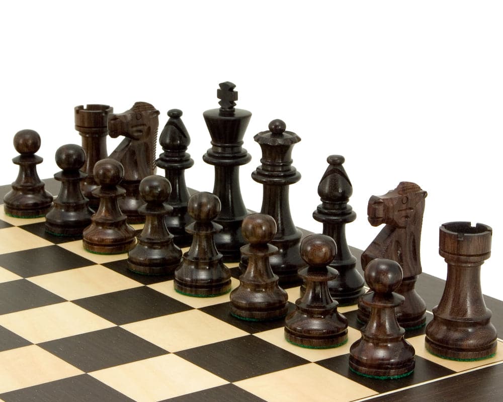 French Knight Rosewood Chess Set and Wenge Board featuring classic Staunton design and 3.25 inch king, crafted from solid rosewood.