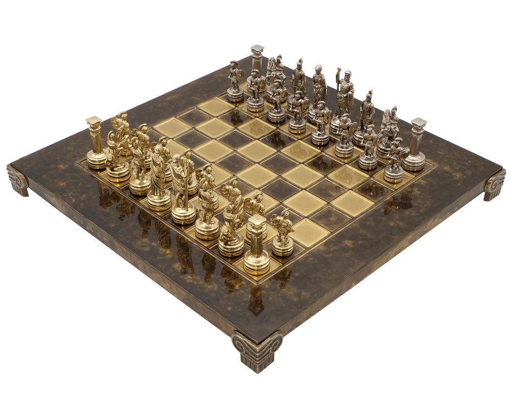 Manopoulos 希臘羅馬軍隊金屬國際象棋套裝，附木製棋子收納盒 - 小號