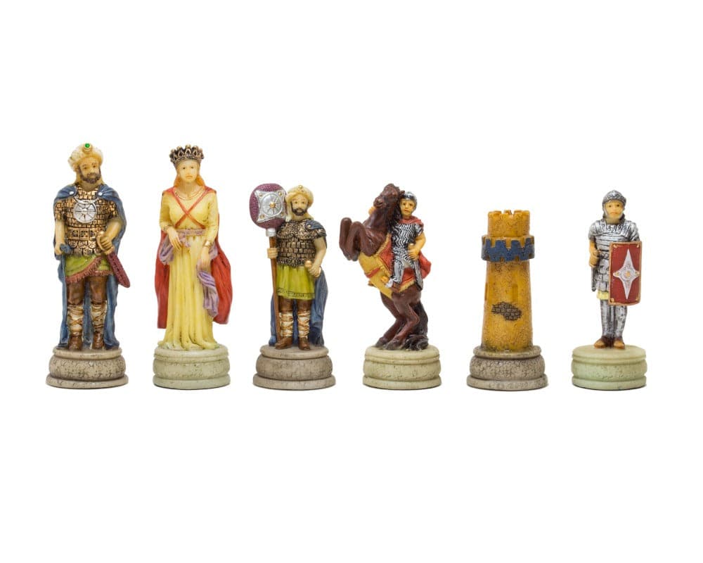 Hand painted Romans vs Arabs themed chess pieces by Italfama with a 3.25 inch king, ideal for a 16 inch board. Exquisite craftsmanship.
