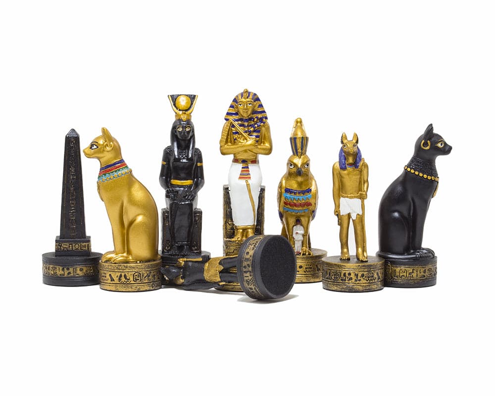 Ancient Egypt hand-painted themed chess pieces by Italfama beautifully crafted and detailed, including cats and pharaohs on gold and black bases.