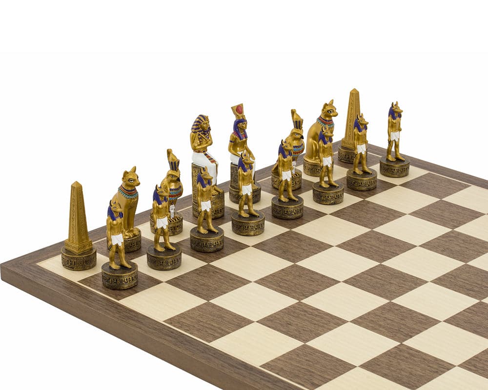 Ancient Egyptian themed hand painted chess pieces by Italfama on a 16 inch board, beautifully crafted and ornately painted in gold and black.