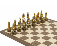 Ancient Egyptian themed hand painted chess pieces by Italfama on a 16 inch board, beautifully crafted and ornately painted in gold and black.