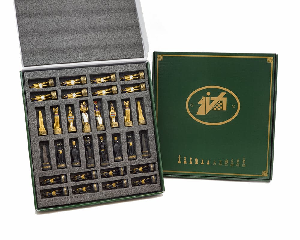 Italfama Ancient Egypt Hand-Painted Chess Set with Box, featuring gold and black themed pieces.