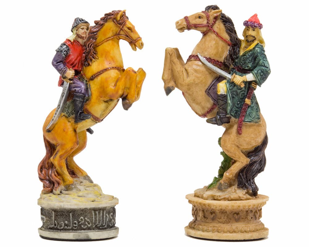 Hand-painted Hungarian and Turkish themed chess pieces by Italfama featuring detailed horsemen figures.