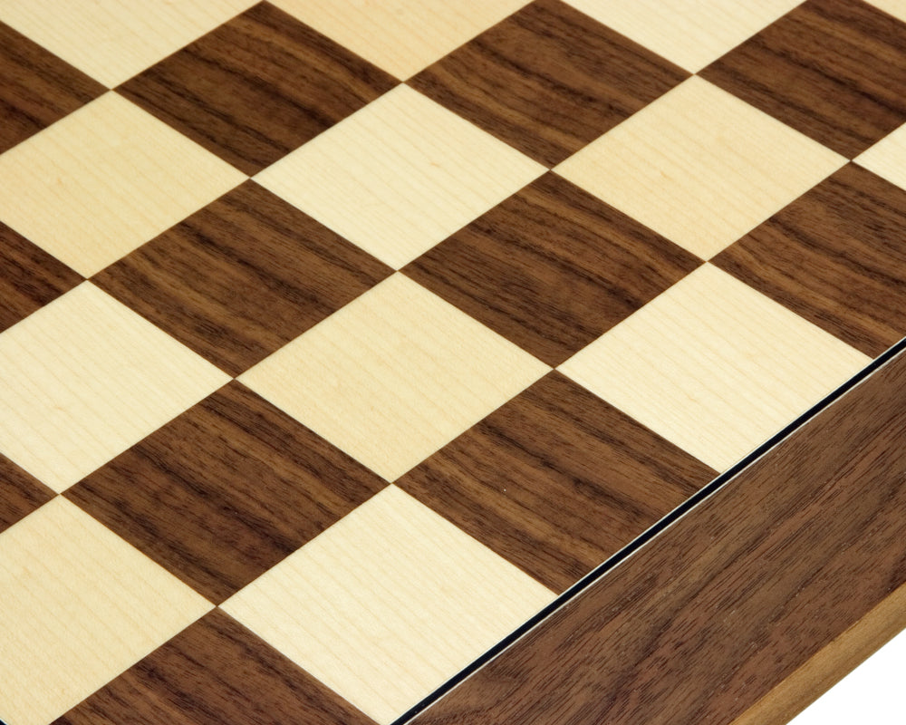 19.7 inch deluxe walnut and maple chess board with 1.9 inch playing squares crafted by Rechapados Ferrer in Spain