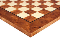 Close-up of handcrafted 20.5 inch luxury chess board made from high-grade Briarwood and Elm, featuring 1.9 inch playing squares.