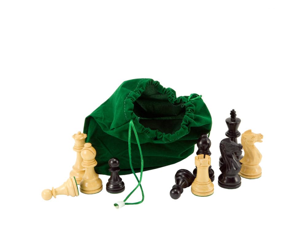 Green drawstring chess piece bag with chess pieces, plush corded green fabric, holds pieces up to 4 inches King height, protective base