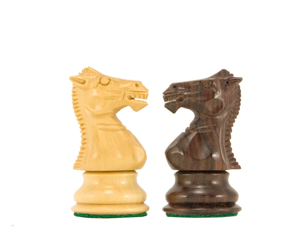 Windsor Series Rosewood Staunton chess knights in light and dark wood finish, showcasing detailed craftsmanship and design.