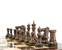 Windsor Series Rosewood Staunton Chess Pieces on chessboard featuring detailed knights and bishops, 3-inch king, and 4 queens.