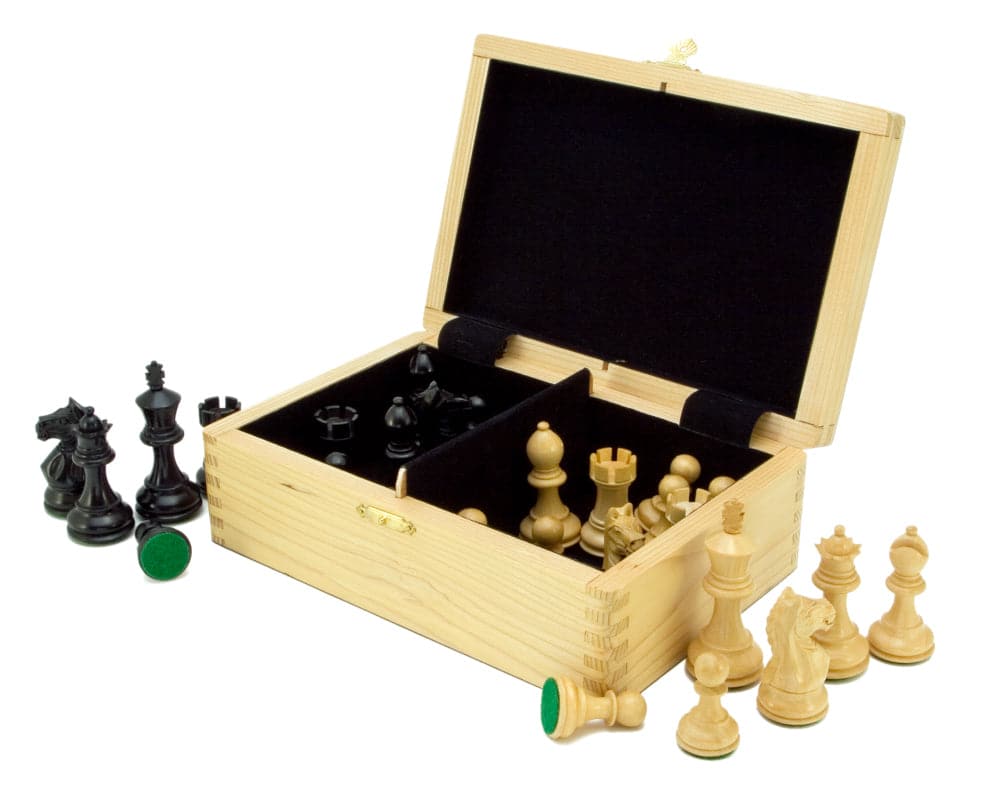 Fierce Knight Ebonised Staunton Chessmen, 3 inch King, with wooden case and flock lining, handcrafted from Boxwood pieces.