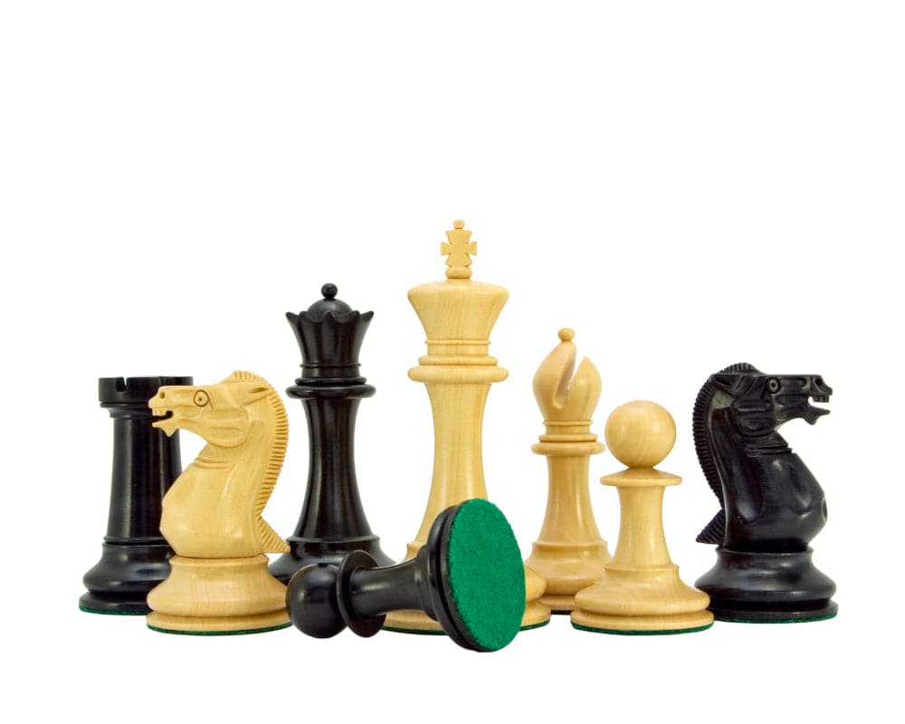 Old English Elite Series Ebony Staunton Chess Pieces 4 Inch, weighted and balanced with billiard cloth bases, ideal for 23 inch board