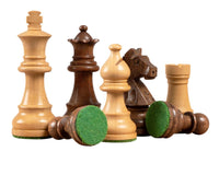 Down Head Acacia 3 inch chess pieces with green billiard cloth bases, ideal for chess boards from fourteen to sixteen inches