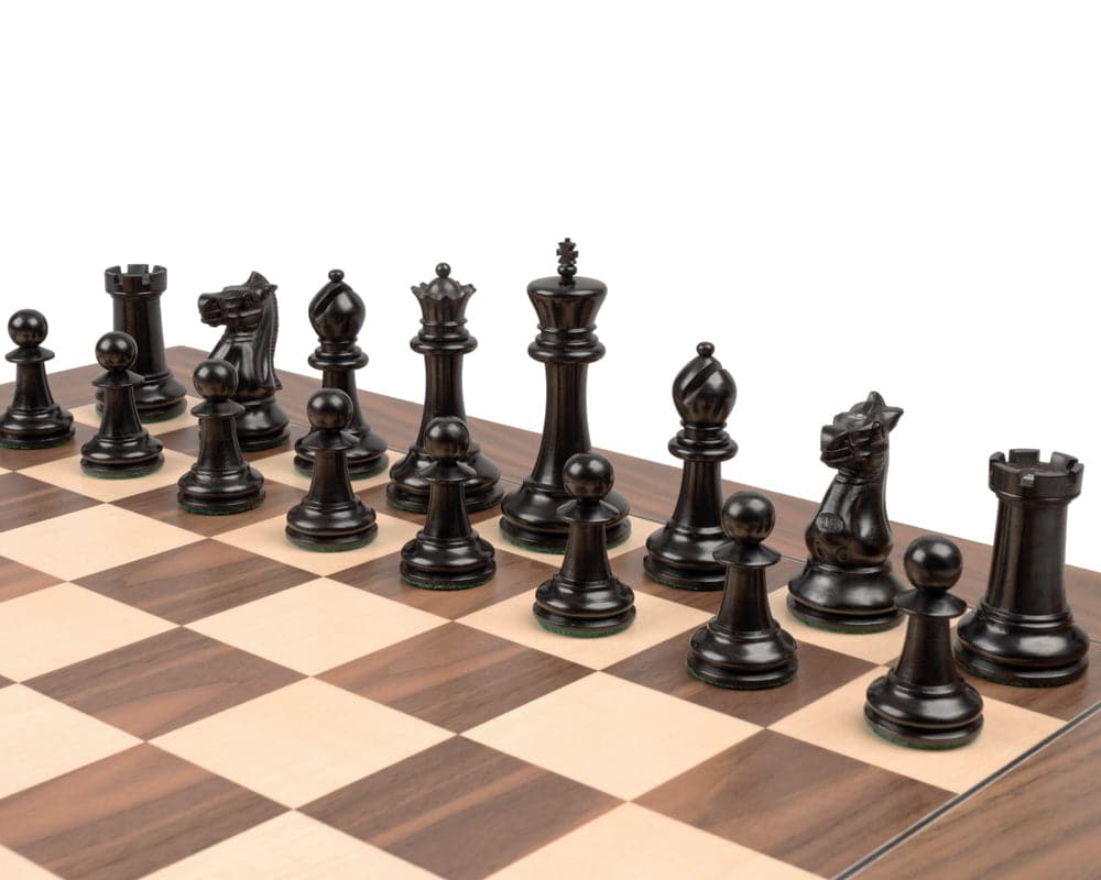 Reproduction Staunton Ebony Chessmen 1869 Model on Walnut Maple Chess Board