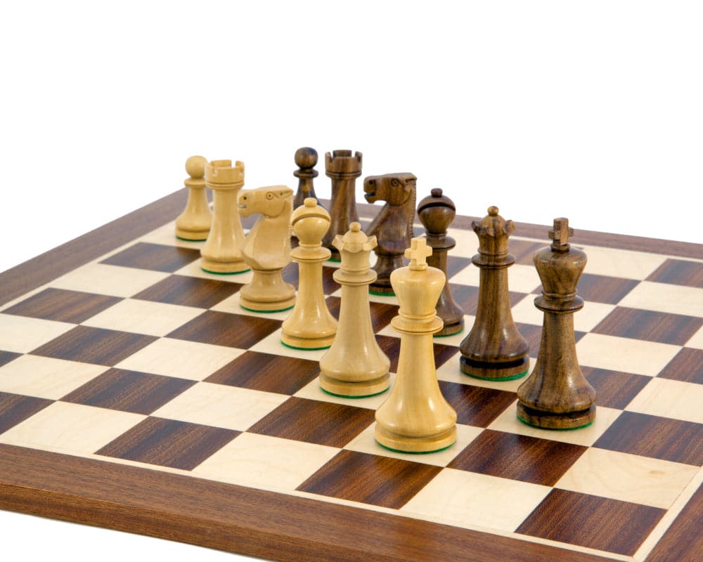 Kingsclere EO Staunton Chess Pieces 2.5 Inches on wooden chessboard, traditional Staunton design, boxwood, weighted and felted chessmen